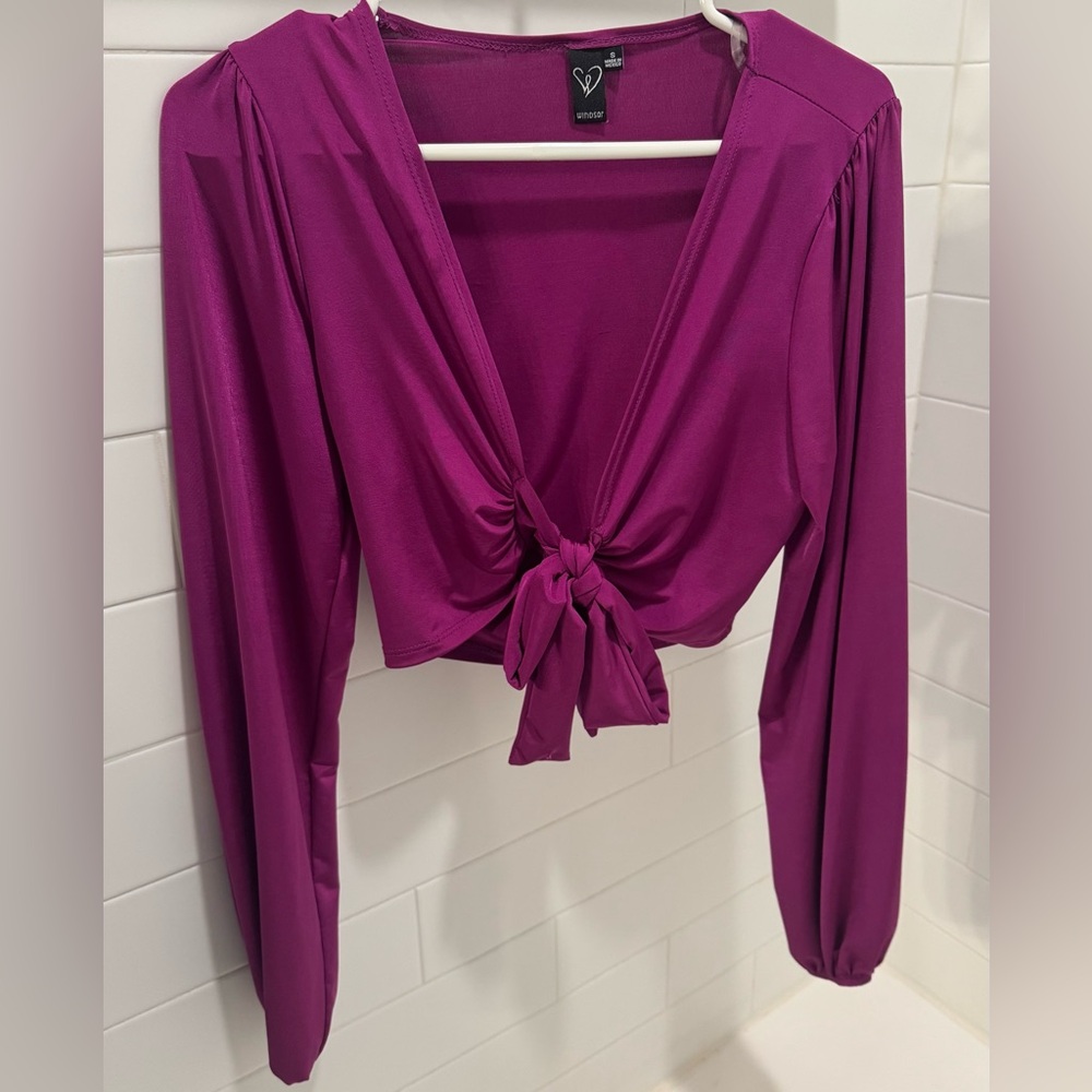Windsor Purple Satin Tie-Front Long Sleeve Blouse